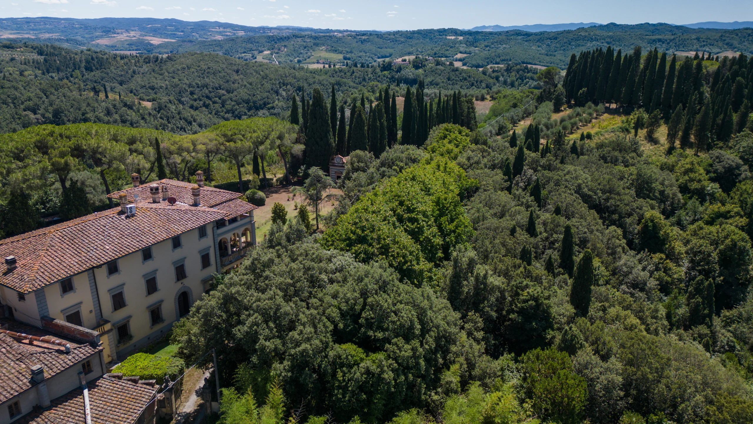 Aerial view of San Miniato villa and Tuscan landscape